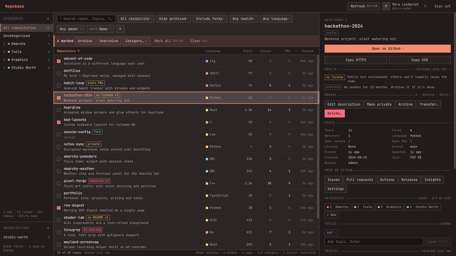 The repository list with several repos marked for bulk actions