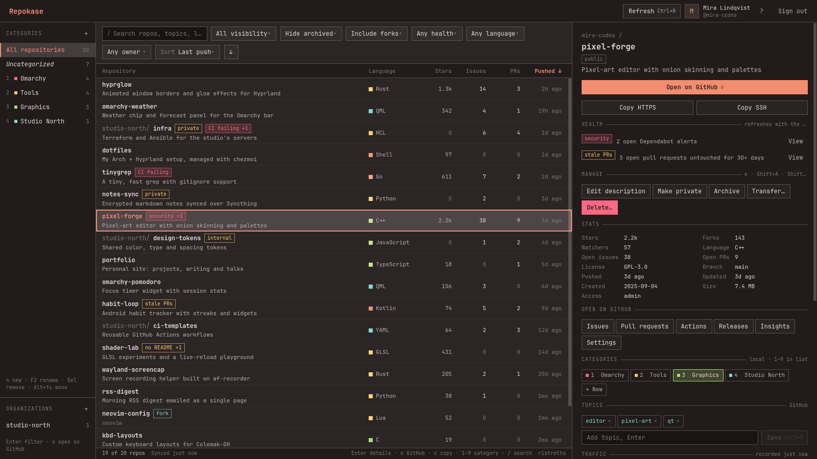 Repokase: categories and organizations in the sidebar, the repository list with health badges, and the details pane