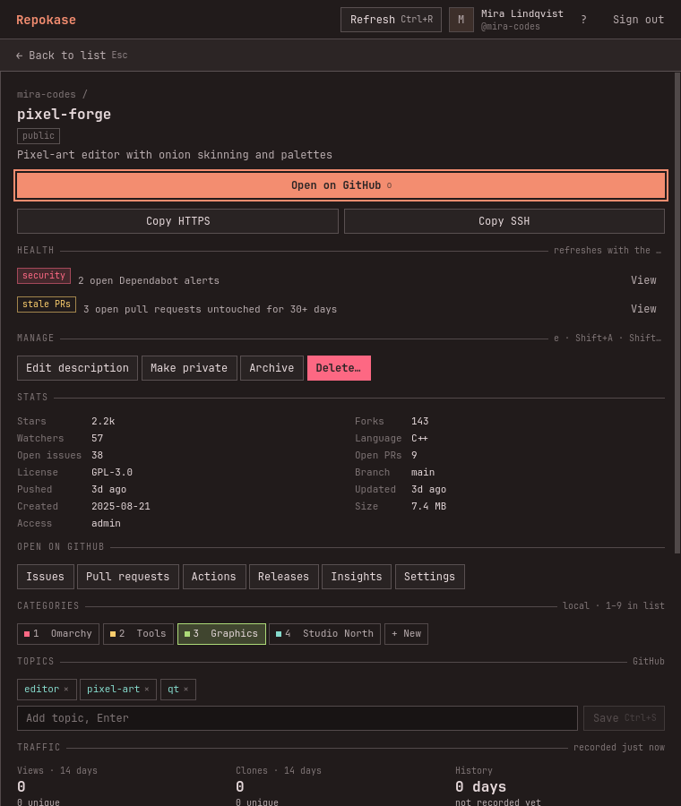 Repokase in a narrow half-screen tile showing the details pane full width